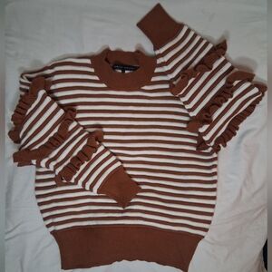English Factory Brown and White Striped Ruffle Sweater